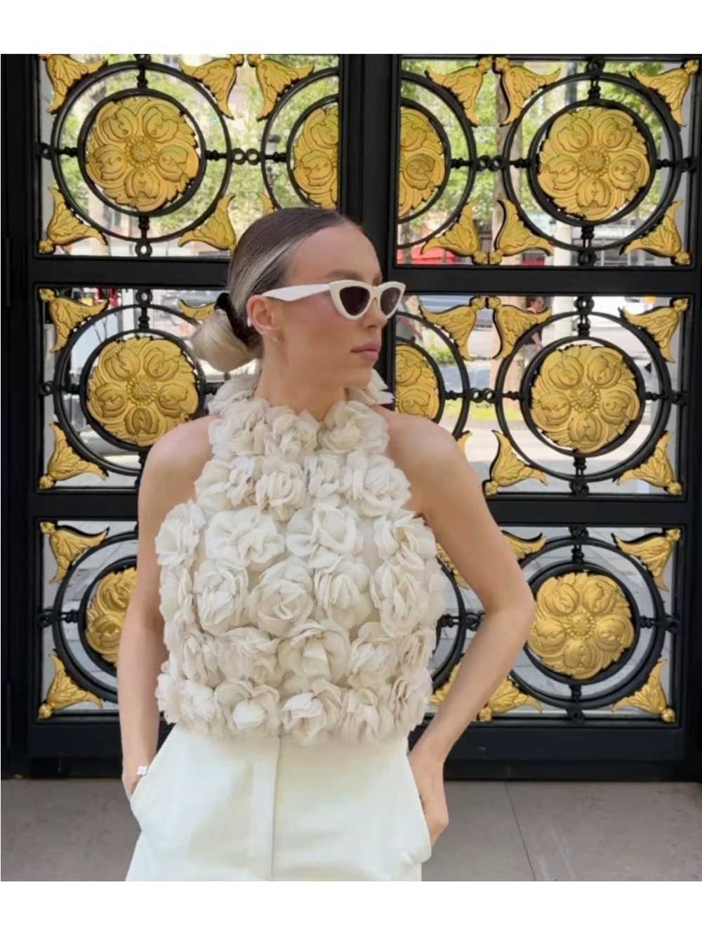 Zara Ivory Floral Appliqué Halter Crop Top